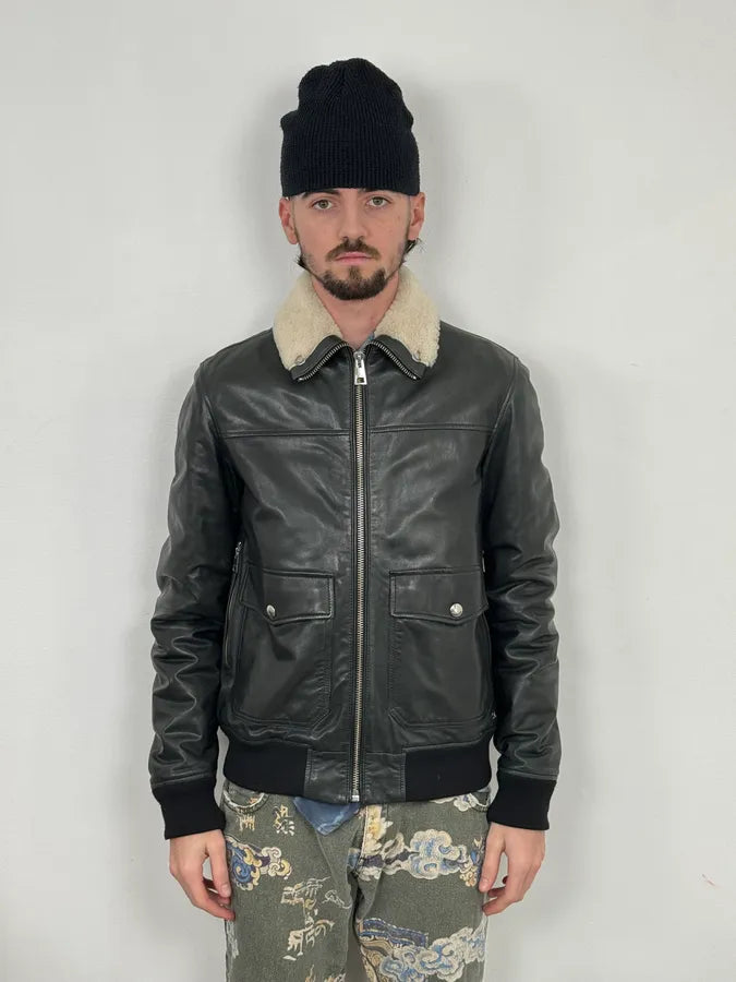 AW2015 Cavalli Black Aviator Leather Jacket JigDgHr 1
