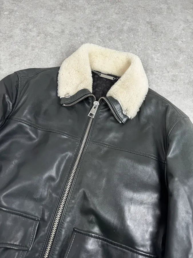 AW2015 Cavalli Black Aviator Leather Jacket JigDgHr 4