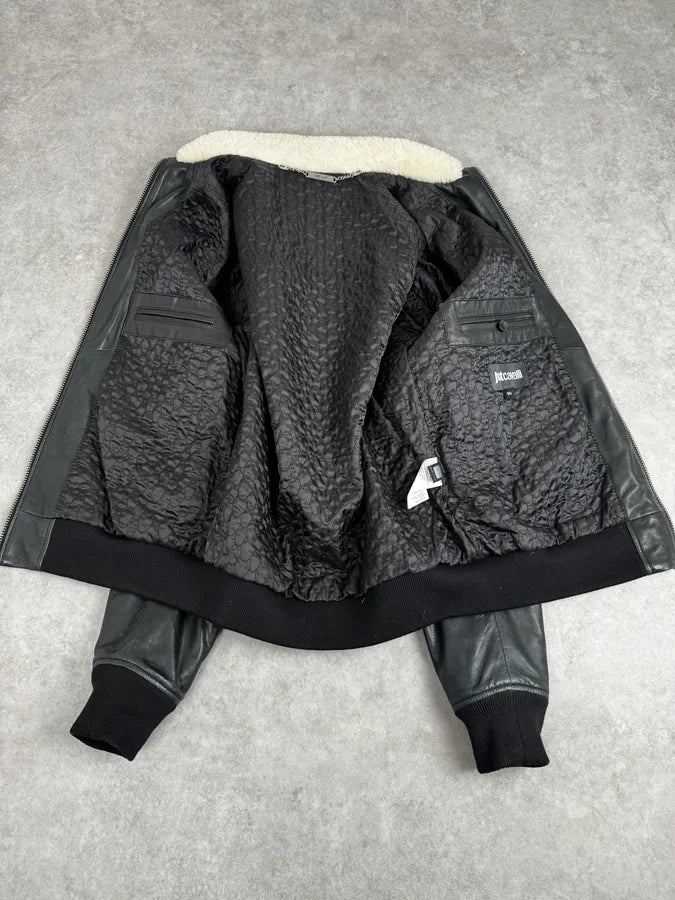 AW2015 Cavalli Black Aviator Leather Jacket JigDgHr 7