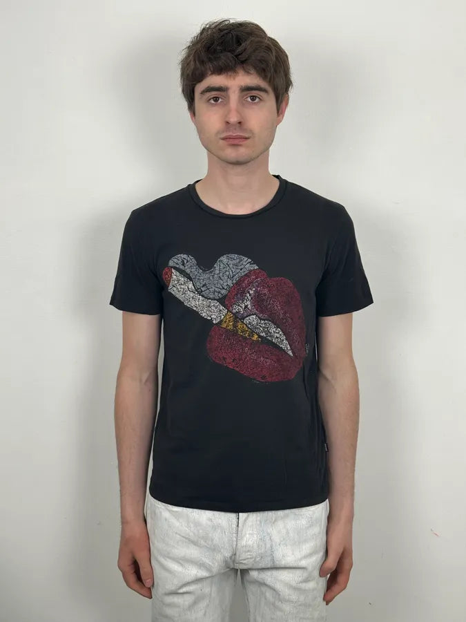 SS2016 Cavalli Black Graphic Lips Rock T-Shirt  qDzFTww 1