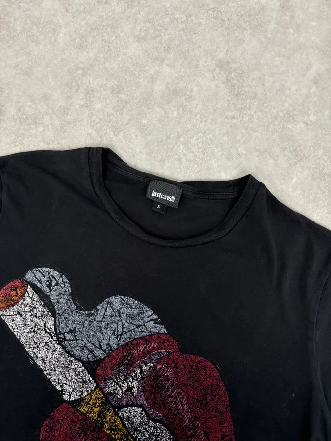 SS2016 Cavalli Black Graphic Lips Rock T-Shirt  qDzFTww 3