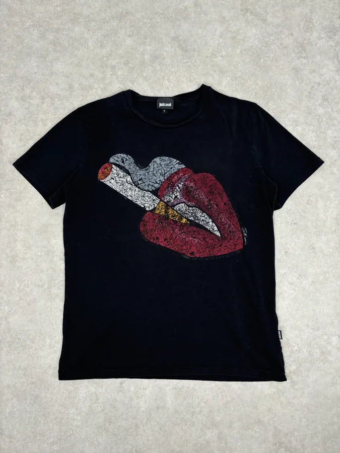 SS2016 Cavalli Black Graphic Lips Rock T-Shirt  qDzFTww 0