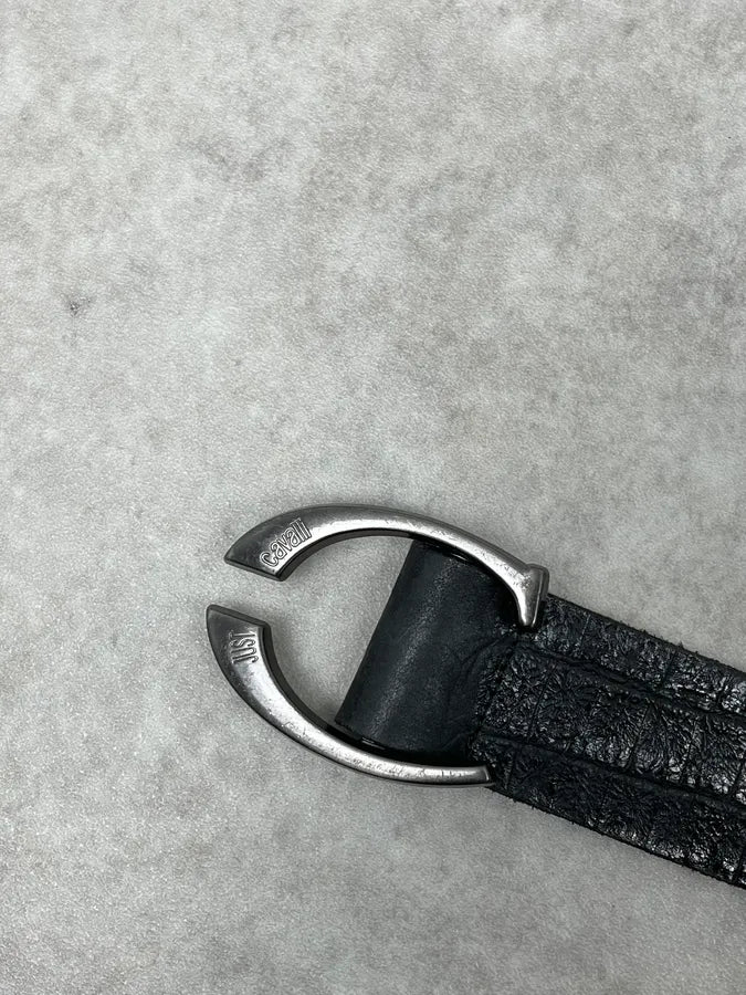 2000s Cavalli Black Crocodile Embossed Leather Belt dZuZtxC 4