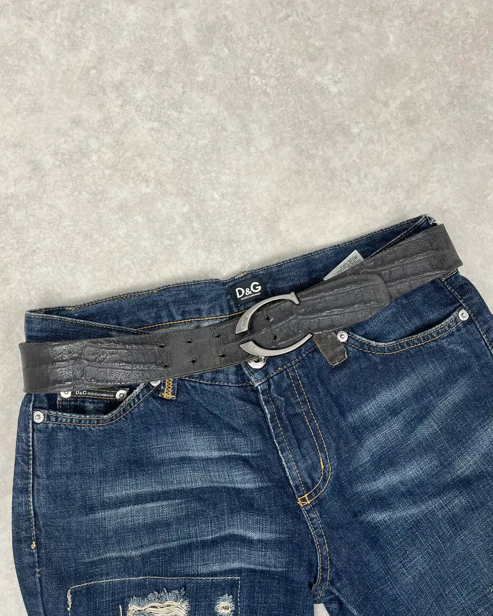 2000s Cavalli Black Crocodile Embossed Leather Belt dZuZtxC 0