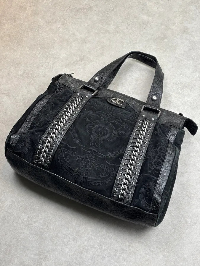 2000s Cavalli Black Leather Embroidered Chain Handle Bag SZzhyBX 7