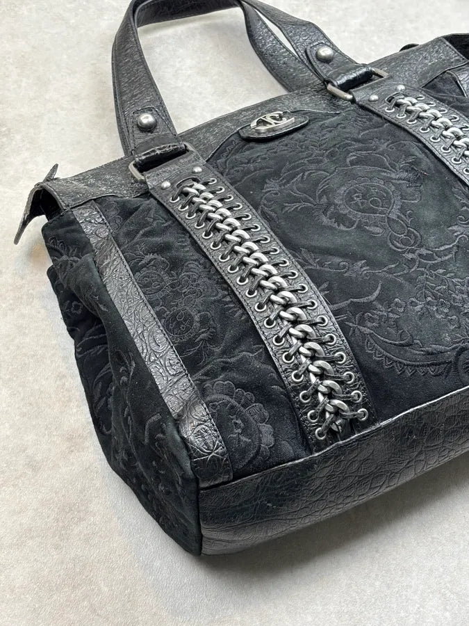 2000s Cavalli Black Leather Embroidered Chain Handle Bag SZzhyBX 5