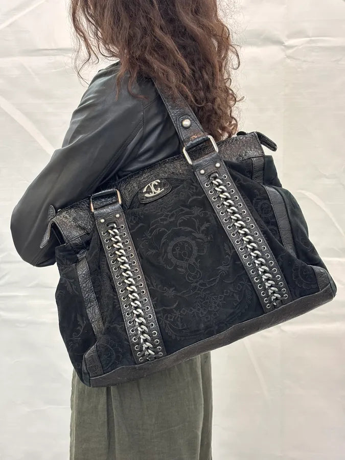 2000s Cavalli Black Leather Embroidered Chain Handle Bag SZzhyBX 2