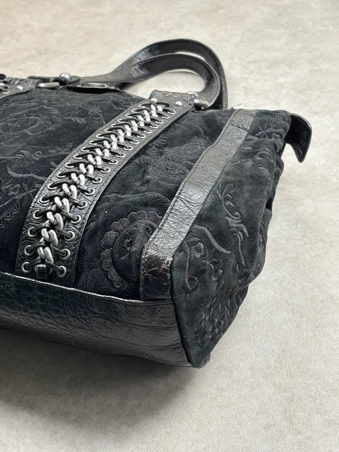 2000s Cavalli Black Leather Embroidered Chain Handle Bag SZzhyBX 10