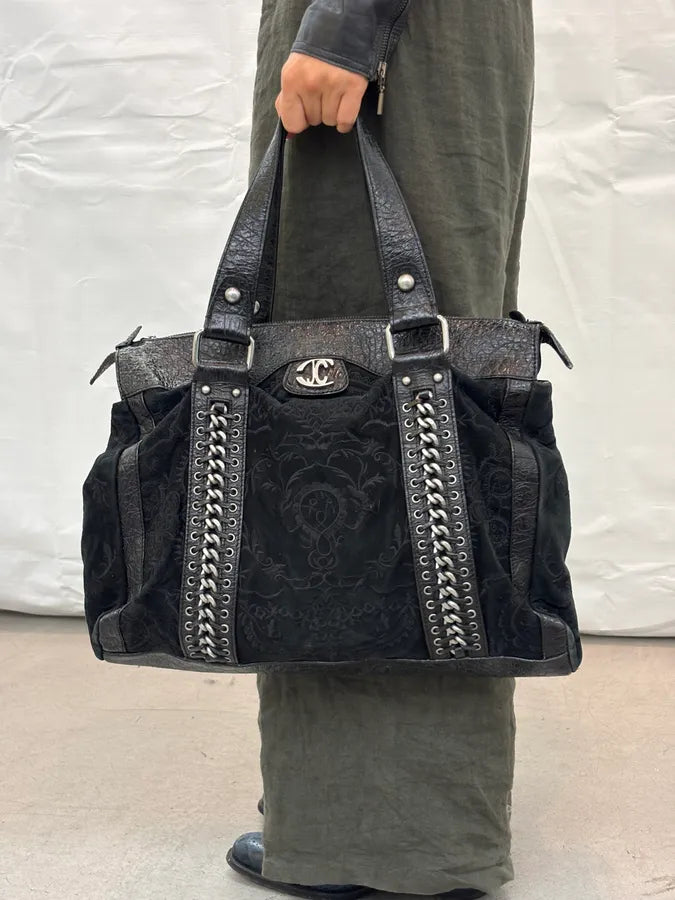 2000s Cavalli Black Leather Embroidered Chain Handle Bag SZzhyBX 1