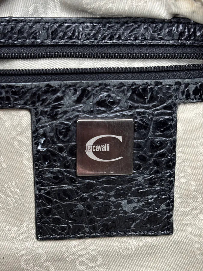 2000s Cavalli Black Leather Embroidered Chain Handle Bag SZzhyBX 14