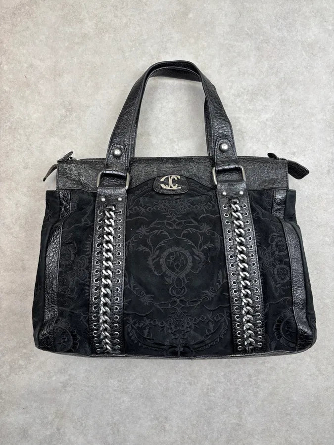 2000s Cavalli Black Leather Embroidered Chain Handle Bag SZzhyBX 0