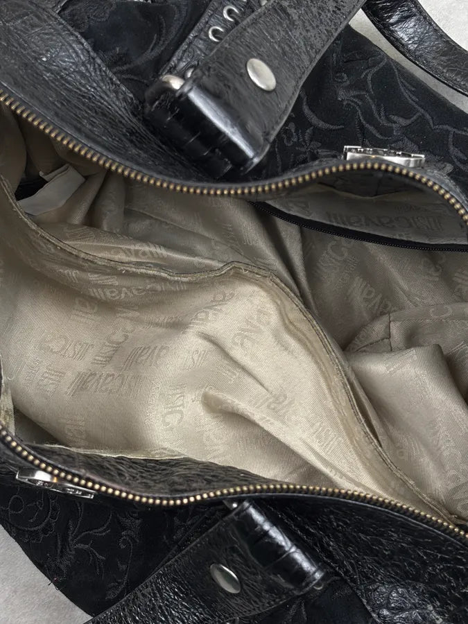 2000s Cavalli Black Leather Embroidered Chain Handle Bag SZzhyBX 15