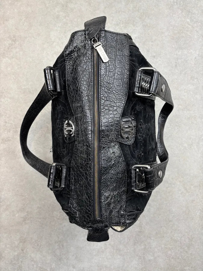 2000s Cavalli Black Leather Embroidered Chain Handle Bag SZzhyBX 12