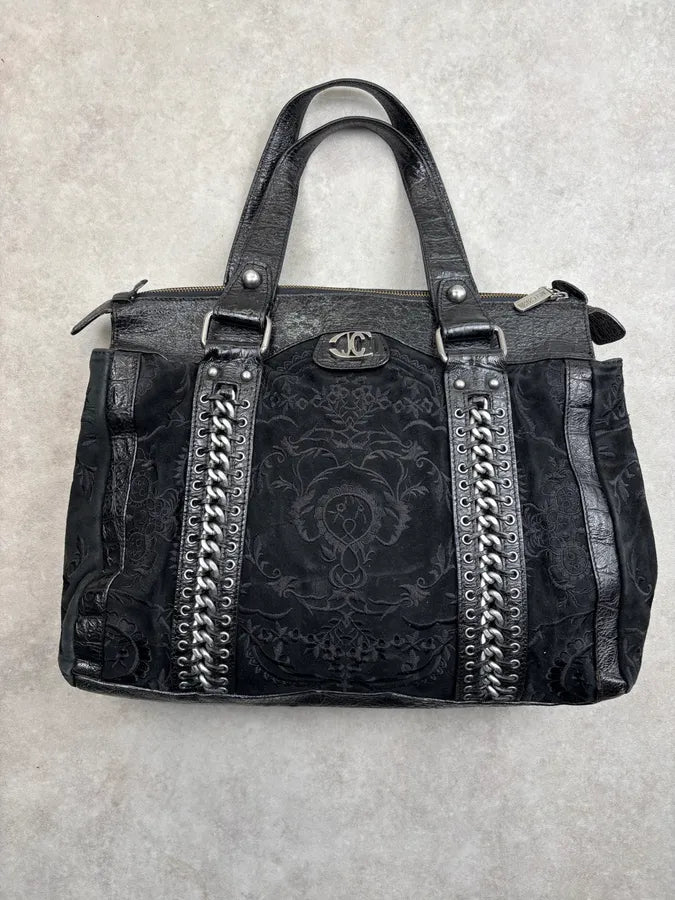 2000s Cavalli Black Leather Embroidered Chain Handle Bag SZzhyBX 8