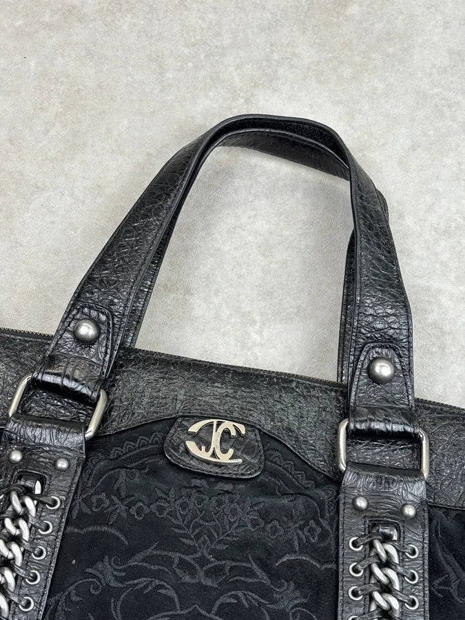 2000s Cavalli Black Leather Embroidered Chain Handle Bag SZzhyBX 3