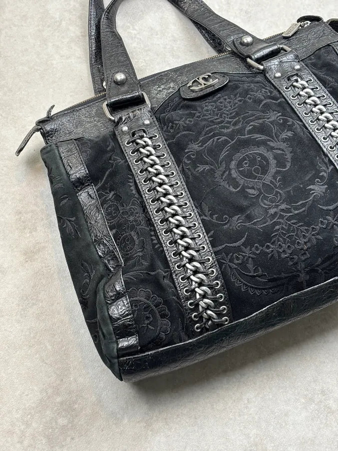 2000s Cavalli Black Leather Embroidered Chain Handle Bag SZzhyBX 9