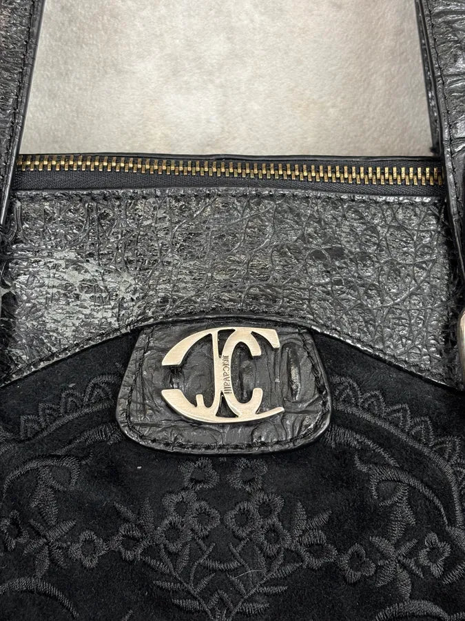 2000s Cavalli Black Leather Embroidered Chain Handle Bag SZzhyBX 11