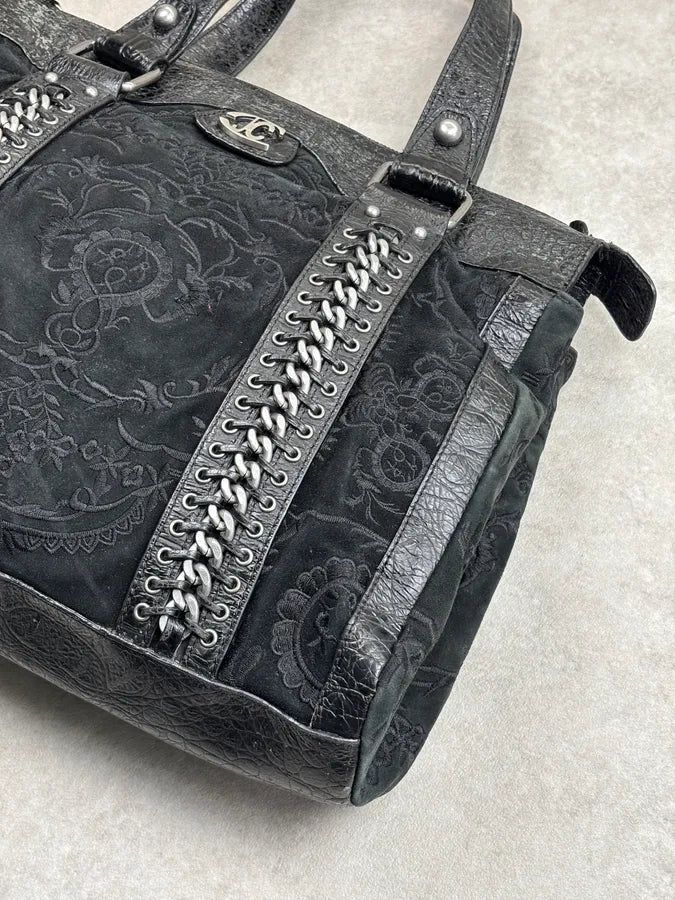 2000s Cavalli Black Leather Embroidered Chain Handle Bag SZzhyBX 4