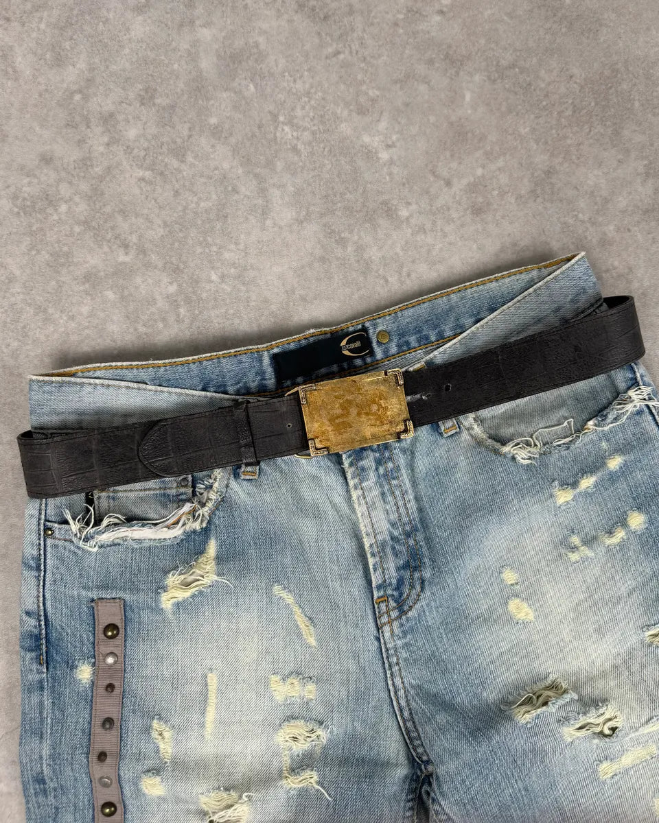 Cavalli Black Leather Golden Buckle Dirt Effect Belt  ucyCEOG 0