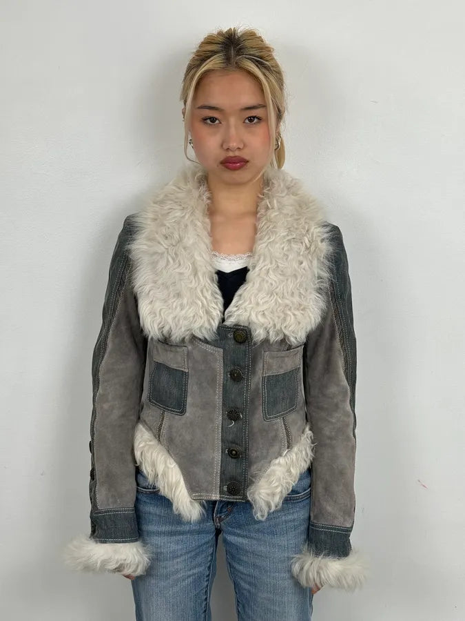 AW2005 Cavalli Mongolian Fur Grey Leather & Blue Denim Jacket ALCbIWW 2
