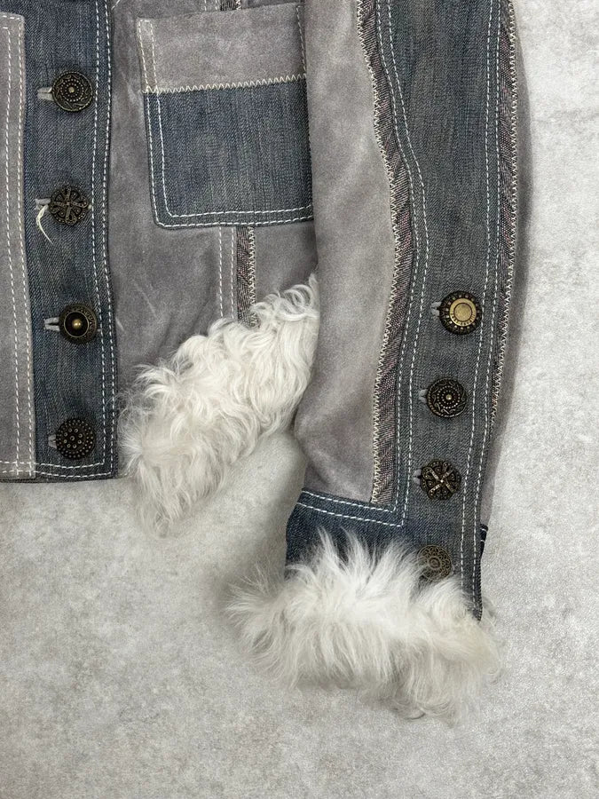 AW2005 Cavalli Mongolian Fur Grey Leather & Blue Denim Jacket ALCbIWW 8