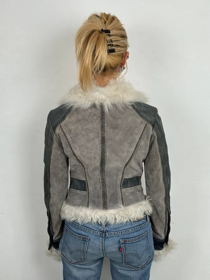 AW2005 Cavalli Mongolian Fur Grey Leather & Blue Denim Jacket ALCbIWW 3
