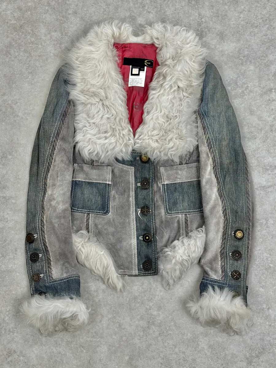 AW2005 Cavalli Mongolian Fur Grey Leather & Blue Denim Jacket ALCbIWW 0