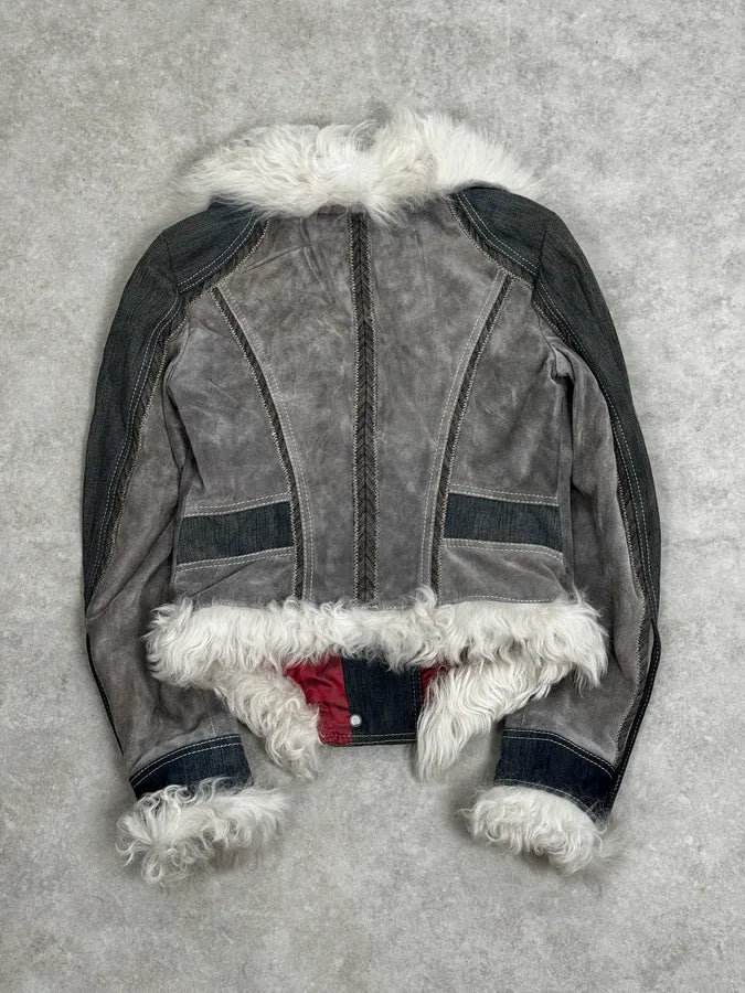 AW2005 Cavalli Mongolian Fur Grey Leather & Blue Denim Jacket ALCbIWW 4