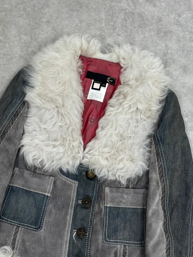 AW2005 Cavalli Mongolian Fur Grey Leather & Blue Denim Jacket ALCbIWW 5