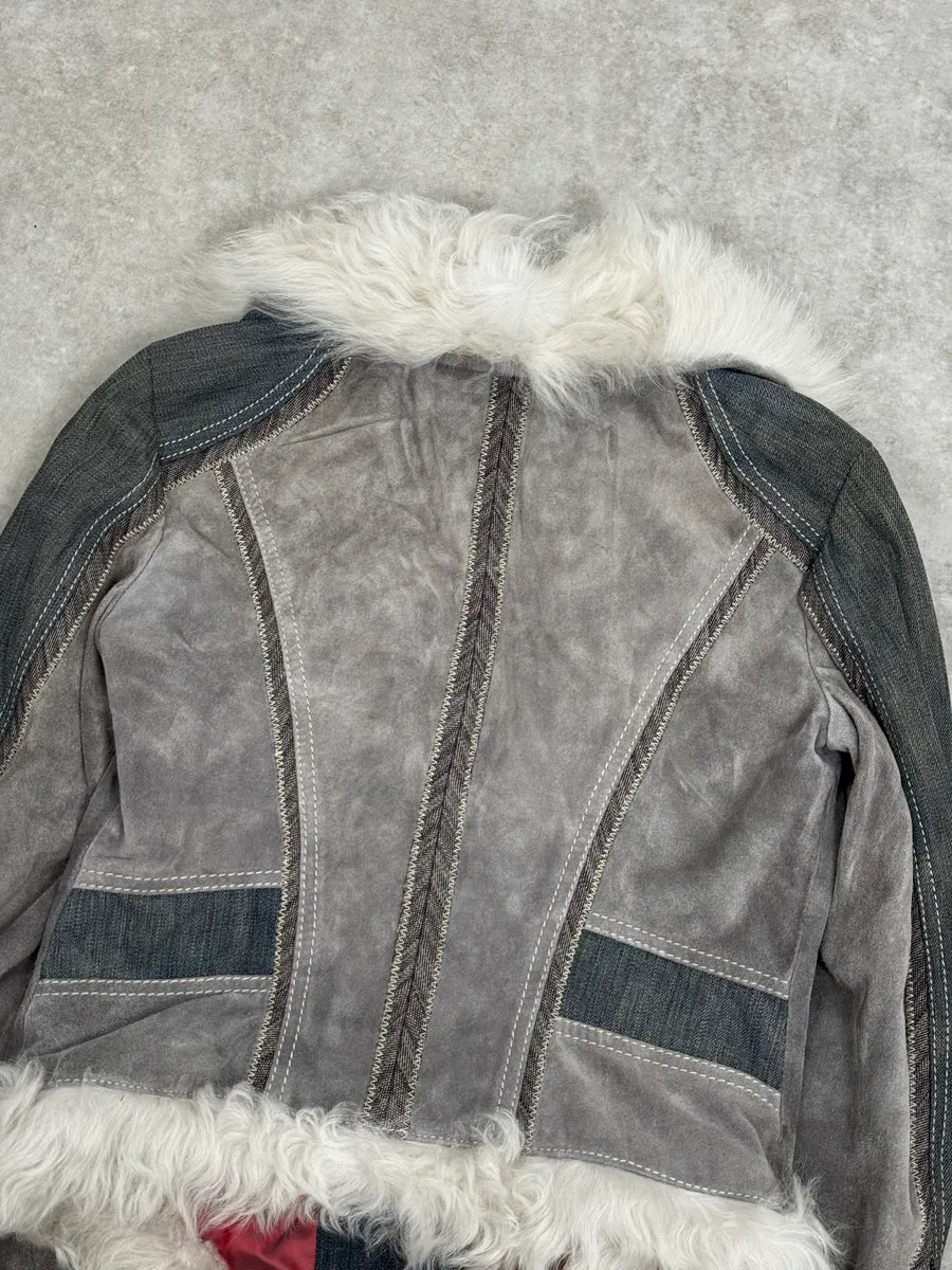 AW2005 Cavalli Mongolian Fur Grey Leather & Blue Denim Jacket ALCbIWW 6