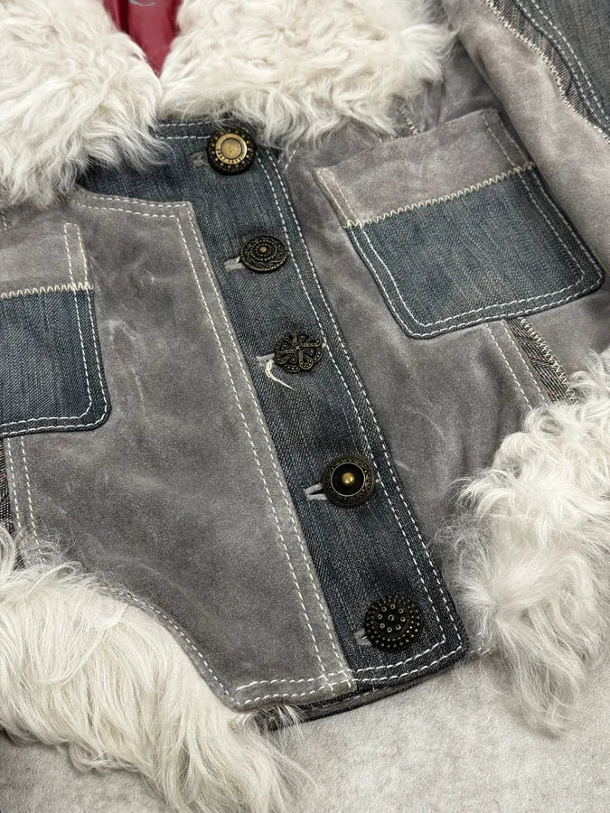 AW2005 Cavalli Mongolian Fur Grey Leather & Blue Denim Jacket ALCbIWW 10