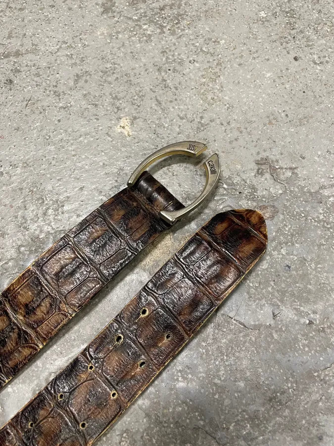 Cavalli Brown Crocodile Embossed Effect Leather Belt MomSxqu 1