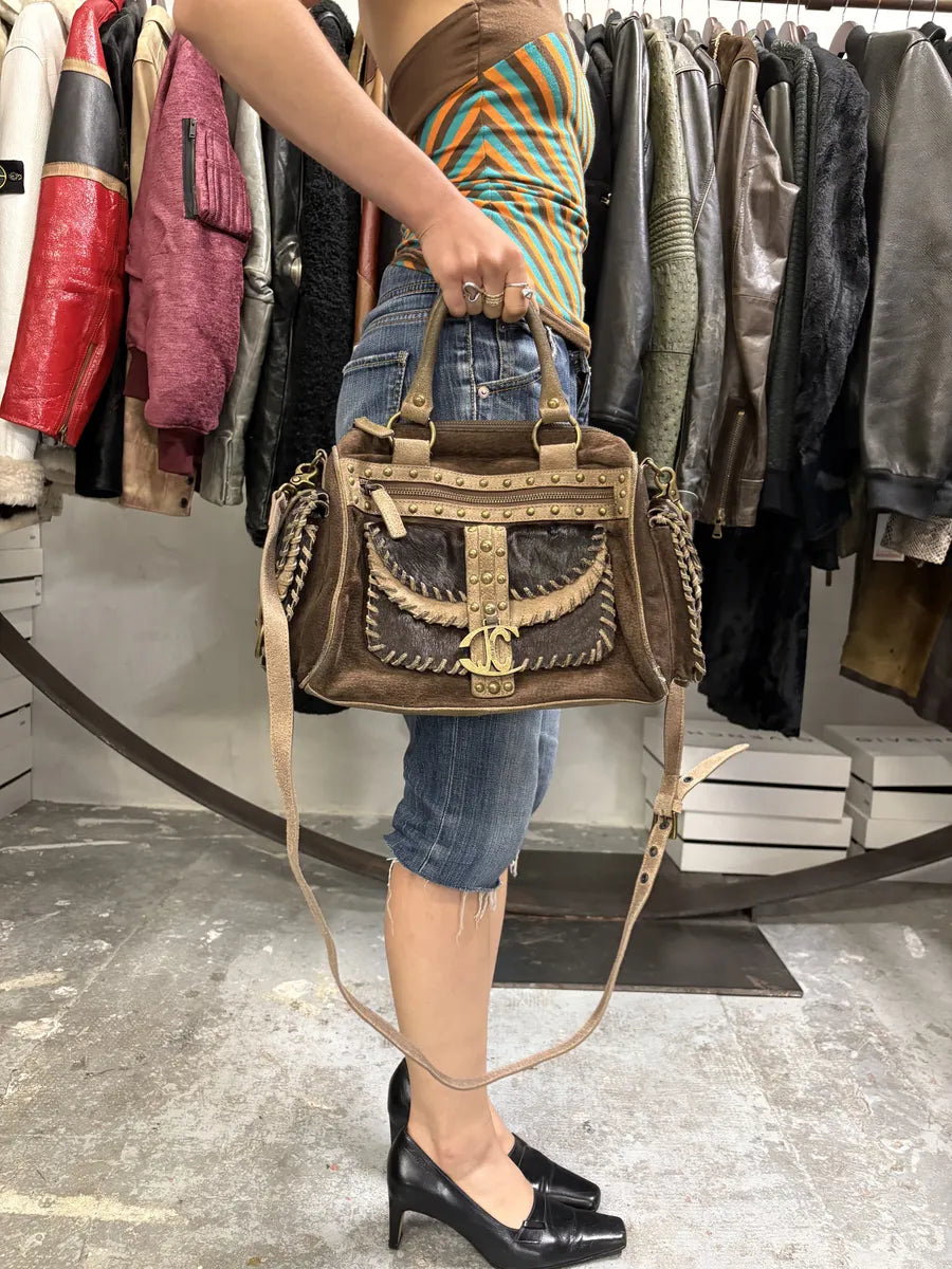 Cavalli Brown Suede Leather Pony Hair Handle Bag (OS) GgJKavA 1