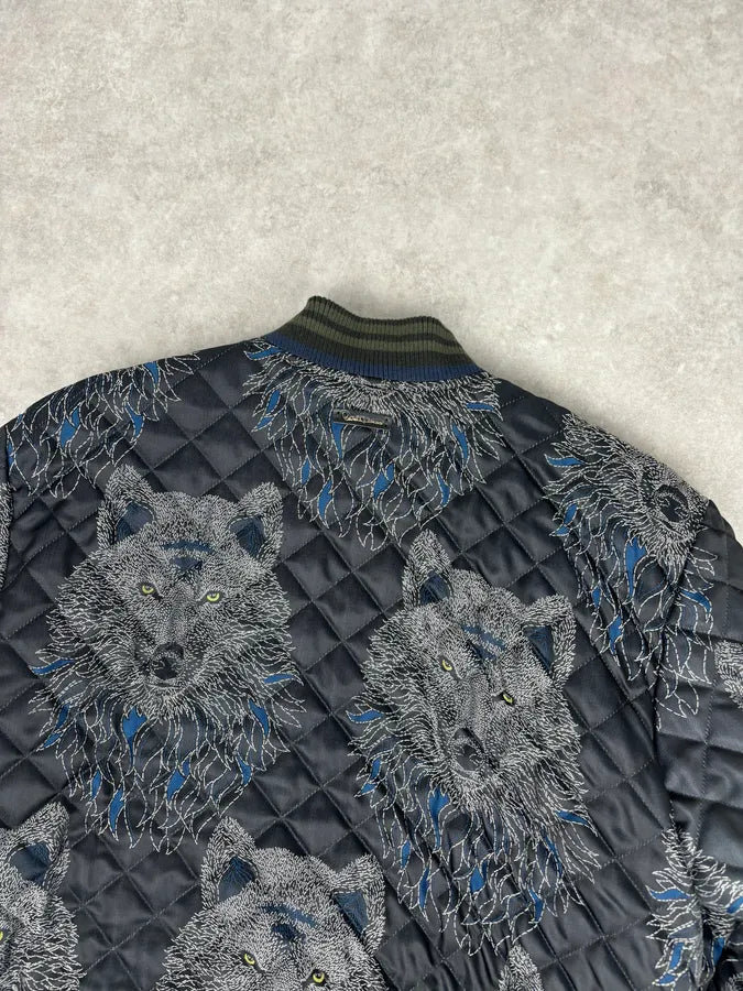 Roberto Cavalli Black Nylon Wolf Embroidered Quilted Bomber Jacket haIQjez 5