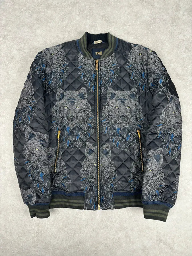 Roberto Cavalli Black Nylon Wolf Embroidered Quilted Bomber Jacket haIQjez 0
