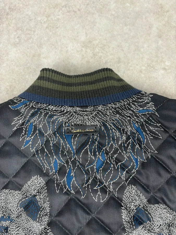 Roberto Cavalli Black Nylon Wolf Embroidered Quilted Bomber Jacket haIQjez 6