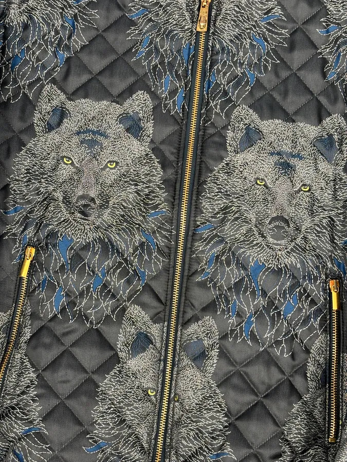 Roberto Cavalli Black Nylon Wolf Embroidered Quilted Bomber Jacket haIQjez 9