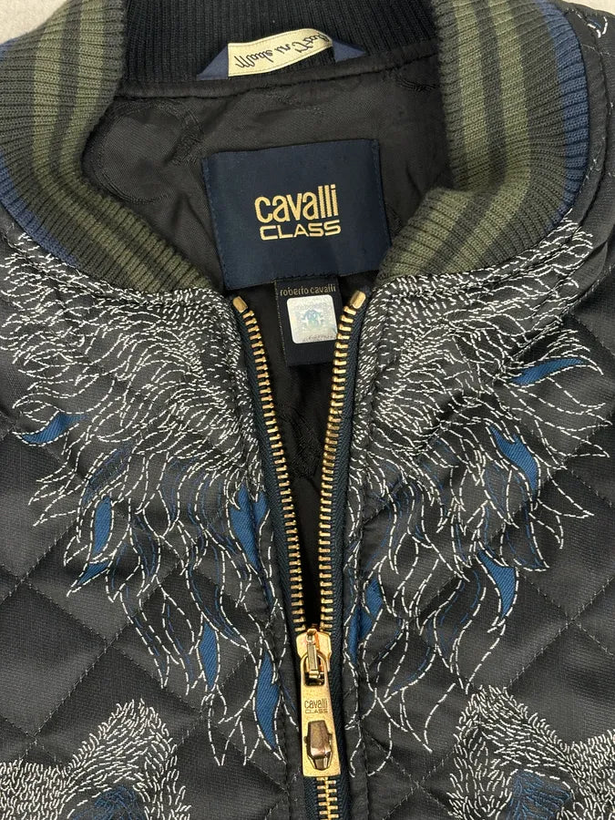 Roberto Cavalli Black Nylon Wolf Embroidered Quilted Bomber Jacket haIQjez 8
