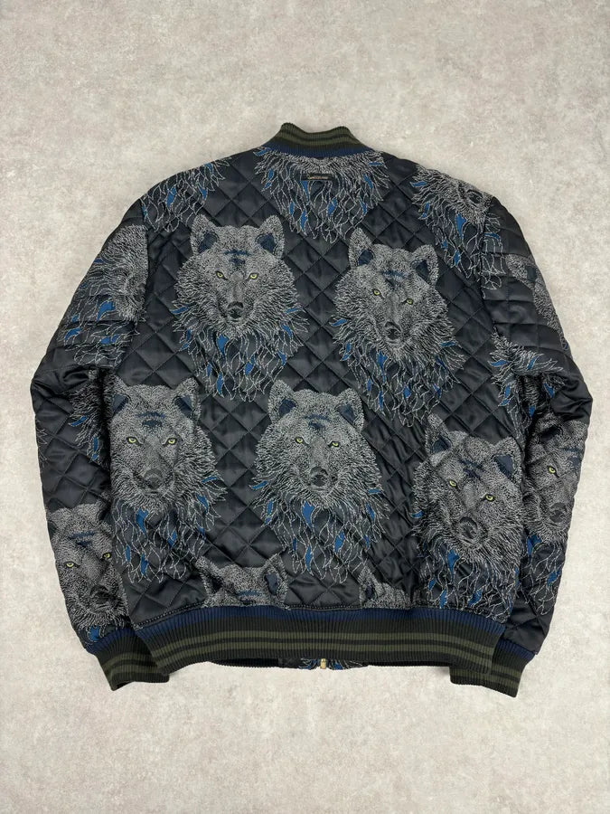 Roberto Cavalli Black Nylon Wolf Embroidered Quilted Bomber Jacket haIQjez 4