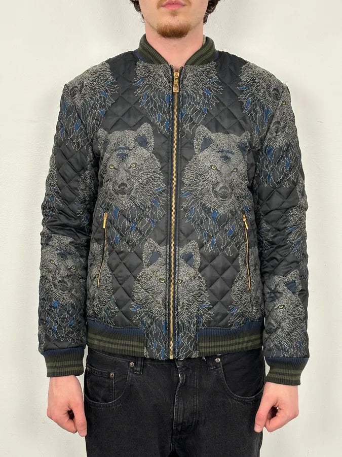 Roberto Cavalli Black Nylon Wolf Embroidered Quilted Bomber Jacket haIQjez 1