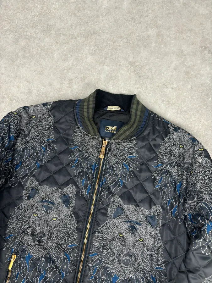Roberto Cavalli Black Nylon Wolf Embroidered Quilted Bomber Jacket haIQjez 3