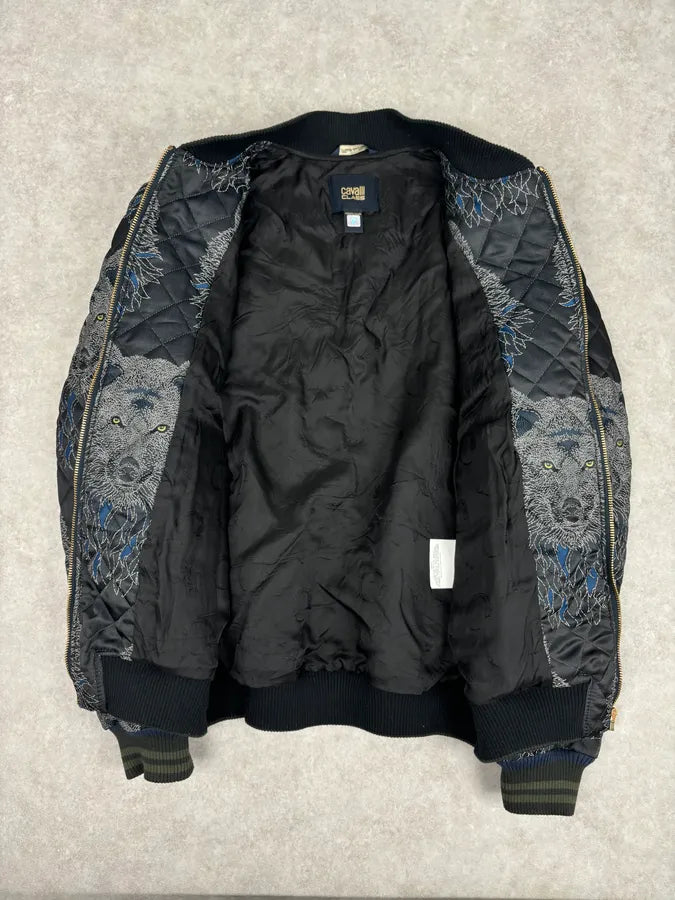 Roberto Cavalli Black Nylon Wolf Embroidered Quilted Bomber Jacket haIQjez 7