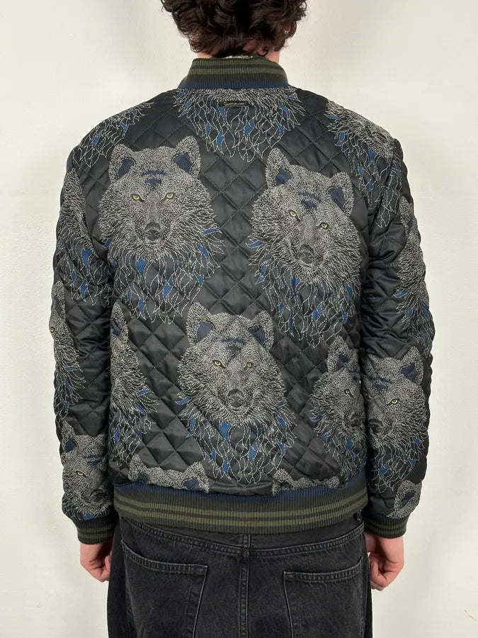 Roberto Cavalli Black Nylon Wolf Embroidered Quilted Bomber Jacket haIQjez 2