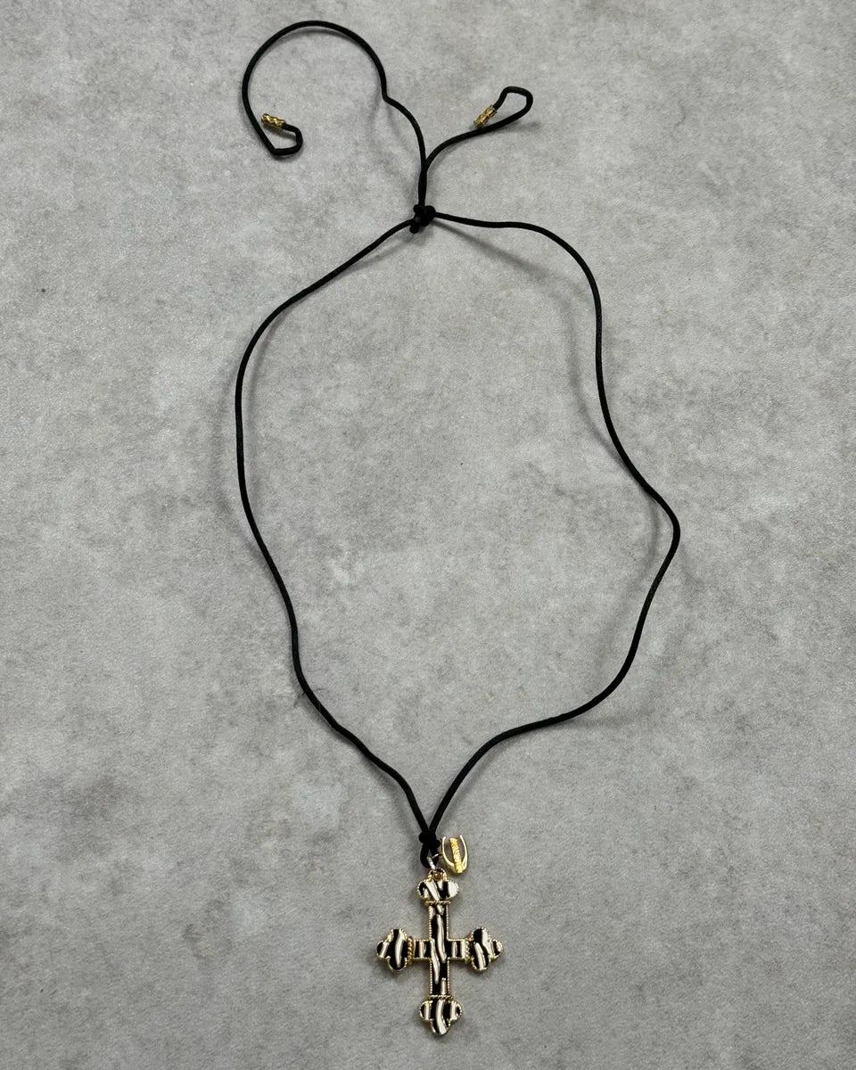 Cavalli Gold Metal Cross Pendant with Striped Detail Necklace EBxsROD 0