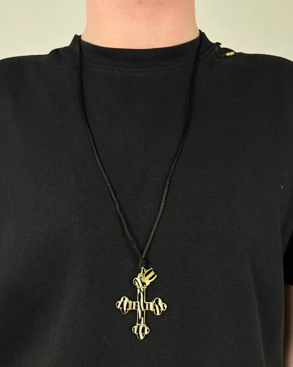 Cavalli Gold Metal Cross Pendant with Striped Detail Necklace EBxsROD 1