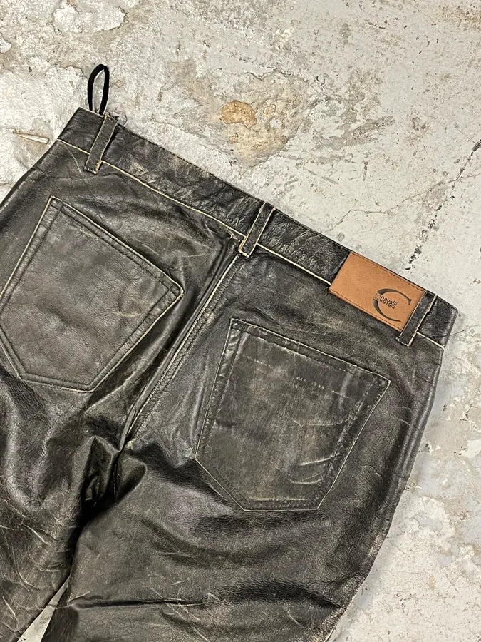 2000s Cavalli Grey Eroded Leather Pants MJvCFHb 9