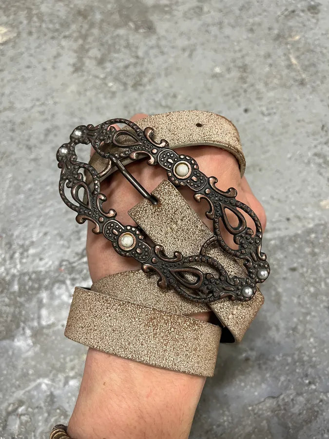 Cavalli Long Metal Ornament Buckle Beige Leathet Belt (OS) TPLklQr 1