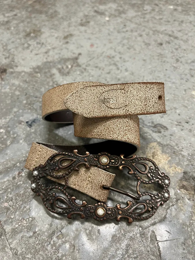 Cavalli Long Metal Ornament Buckle Beige Leathet Belt (OS) TPLklQr 3