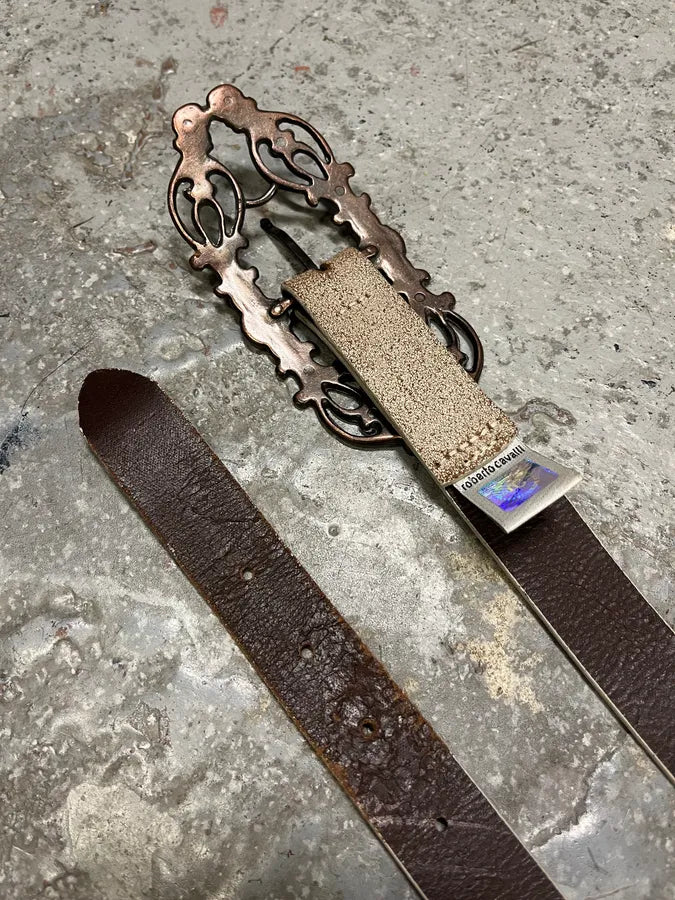 Cavalli Long Metal Ornament Buckle Beige Leathet Belt (OS) TPLklQr 5