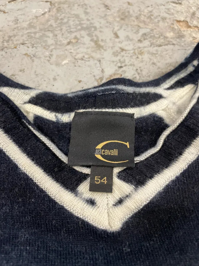 Cavalli Navy & White Contemporary Art Two Tone V Sweater (M/L) IvaFQPE 7
